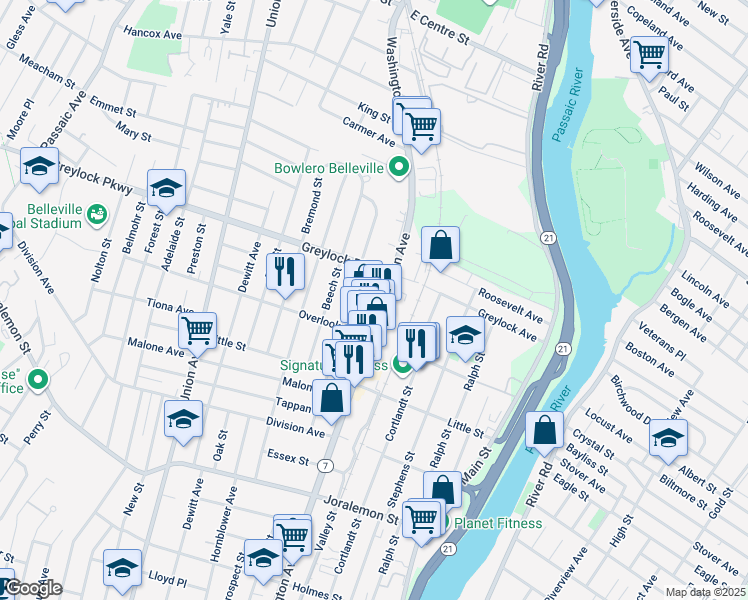 map of restaurants, bars, coffee shops, grocery stores, and more near 128 Floyd Street in Belleville