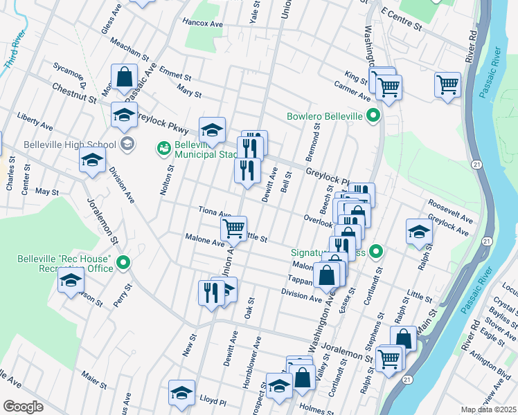 map of restaurants, bars, coffee shops, grocery stores, and more near 141 Overlook Avenue in Belleville