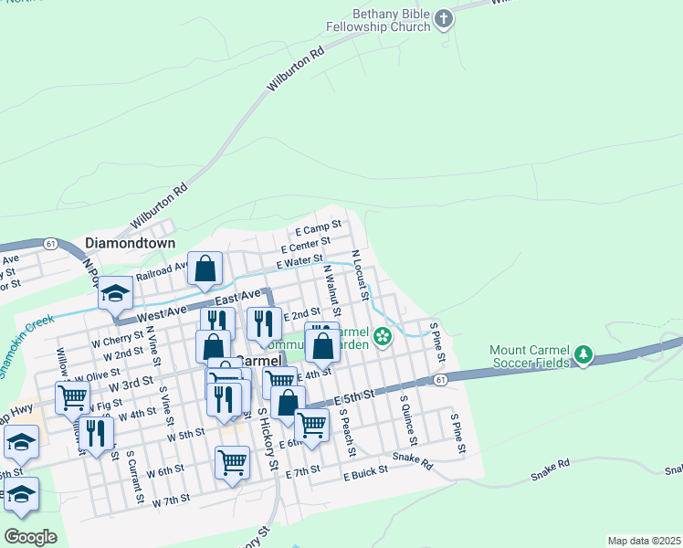 map of restaurants, bars, coffee shops, grocery stores, and more near 146 North Locust Street in Mount Carmel