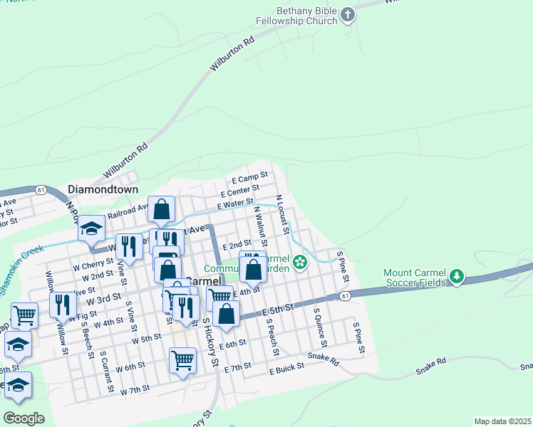 map of restaurants, bars, coffee shops, grocery stores, and more near 146 North Locust Street in Mount Carmel