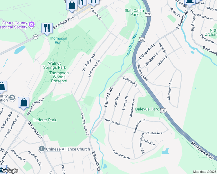 map of restaurants, bars, coffee shops, grocery stores, and more near 1299-1375 E Branch Rd in State College