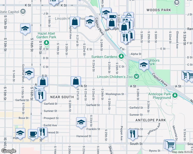 map of restaurants, bars, coffee shops, grocery stores, and more near 2326 B Street in Lincoln