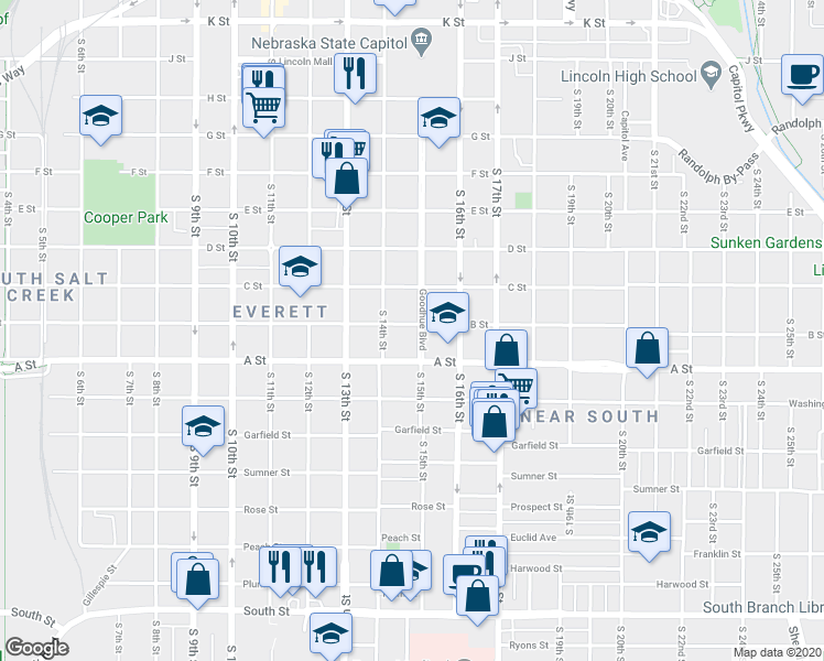 map of restaurants, bars, coffee shops, grocery stores, and more near 1427 B Street in Lincoln