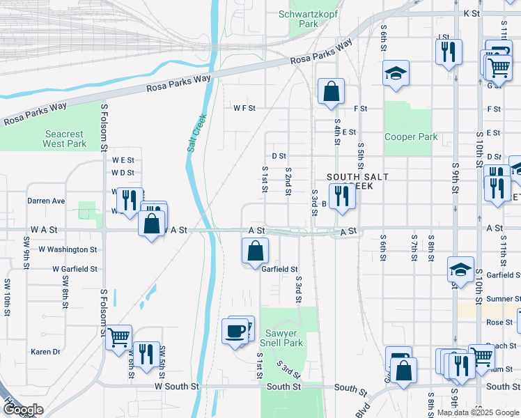 map of restaurants, bars, coffee shops, grocery stores, and more near 101 B Street in Lincoln