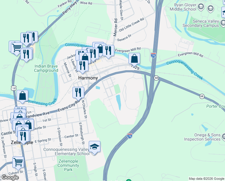 map of restaurants, bars, coffee shops, grocery stores, and more near 322 2nd Street in Harmony