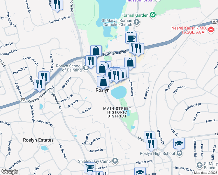 map of restaurants, bars, coffee shops, grocery stores, and more near 1314 Old Northern Boulevard in Roslyn