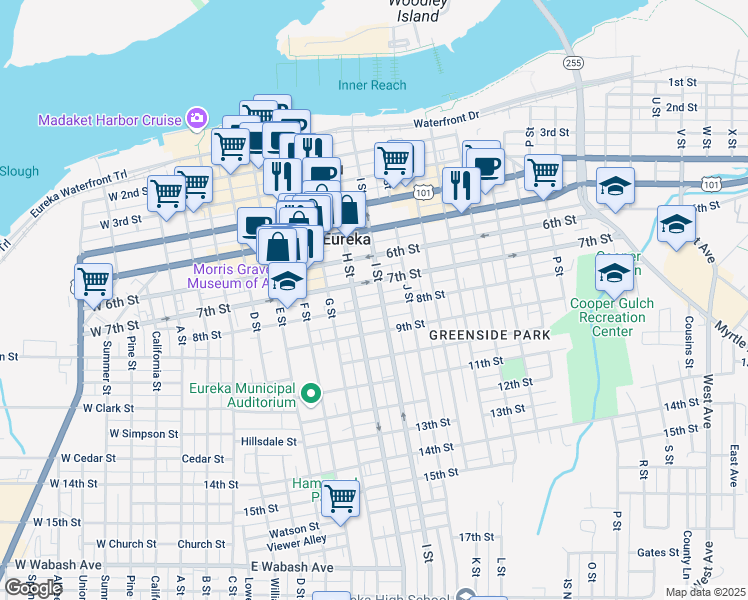 map of restaurants, bars, coffee shops, grocery stores, and more near 730 I Street in Eureka