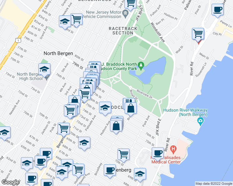 map of restaurants, bars, coffee shops, grocery stores, and more near 325 79th Street in North Bergen