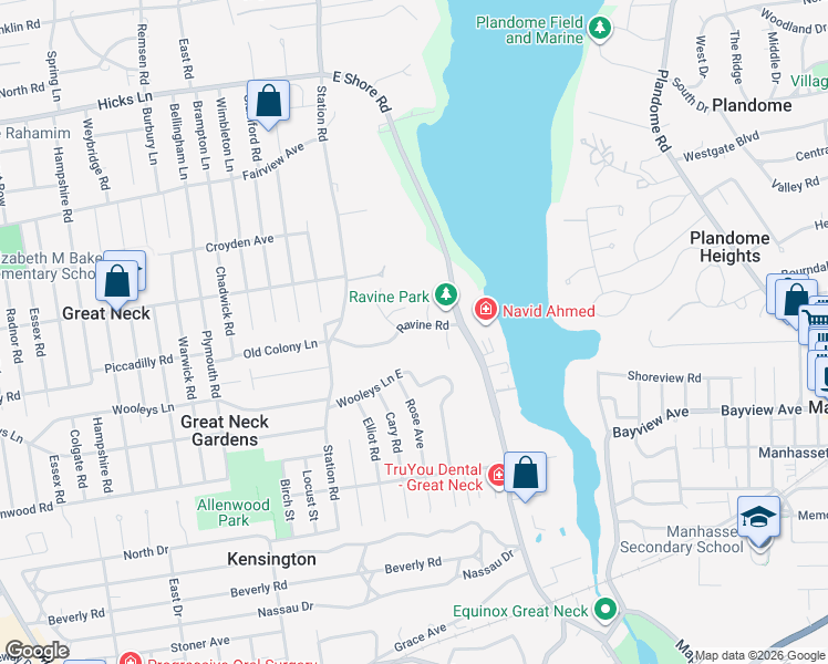 map of restaurants, bars, coffee shops, grocery stores, and more near 28 Ravine Road in Great Neck