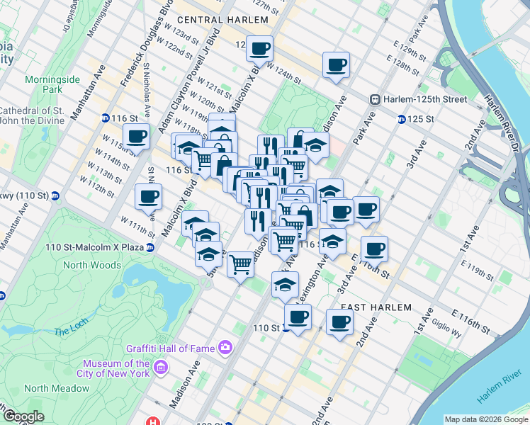 map of restaurants, bars, coffee shops, grocery stores, and more near 16 East 116th Street in New York
