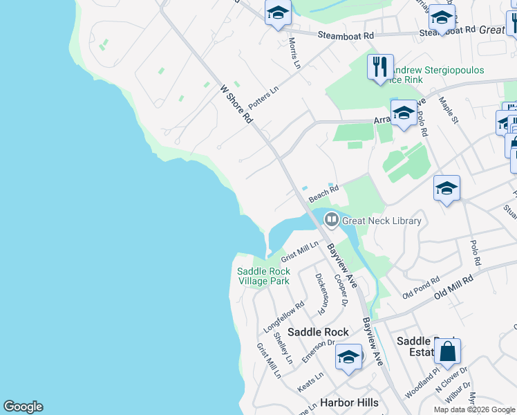 map of restaurants, bars, coffee shops, grocery stores, and more near 150 West Shore Road in Kings Point