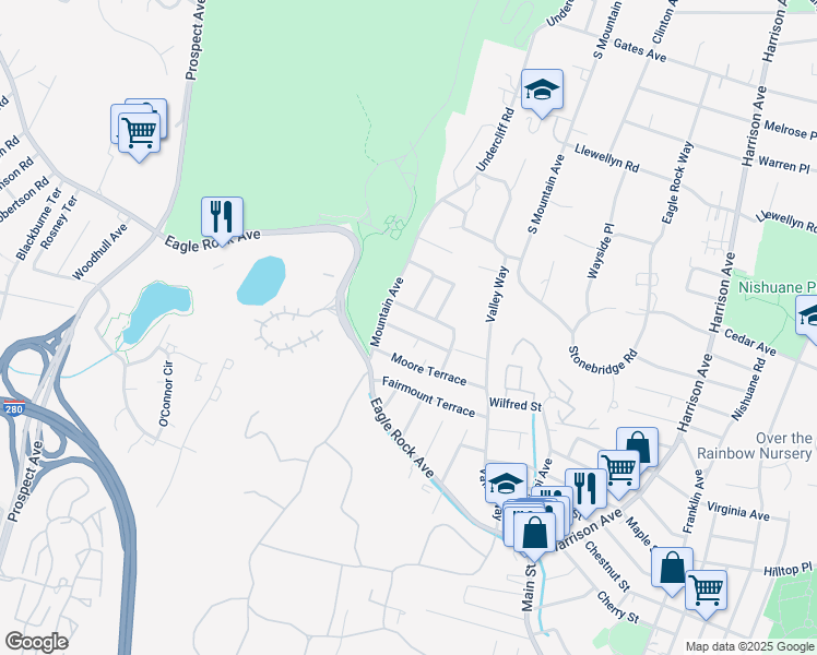 map of restaurants, bars, coffee shops, grocery stores, and more near 35 Woodside Terrace in West Orange