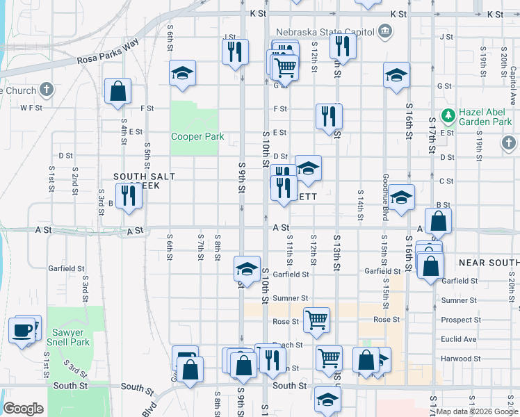map of restaurants, bars, coffee shops, grocery stores, and more near 925 B Street in Lincoln