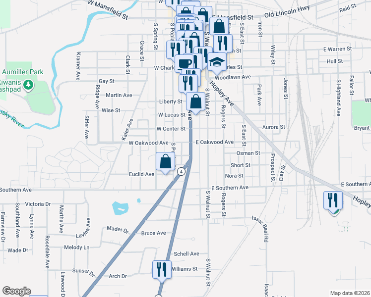 map of restaurants, bars, coffee shops, grocery stores, and more near 816 South Sandusky Avenue in Bucyrus
