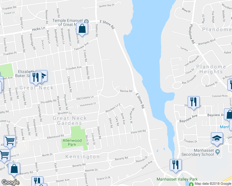 map of restaurants, bars, coffee shops, grocery stores, and more near 11 Ravine Road in Great Neck