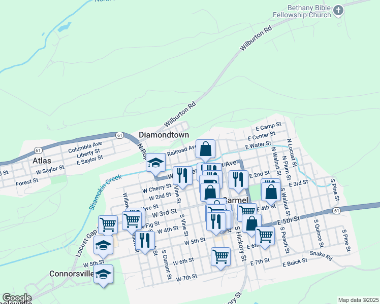 map of restaurants, bars, coffee shops, grocery stores, and more near 314 North Oak Street in Mount Carmel
