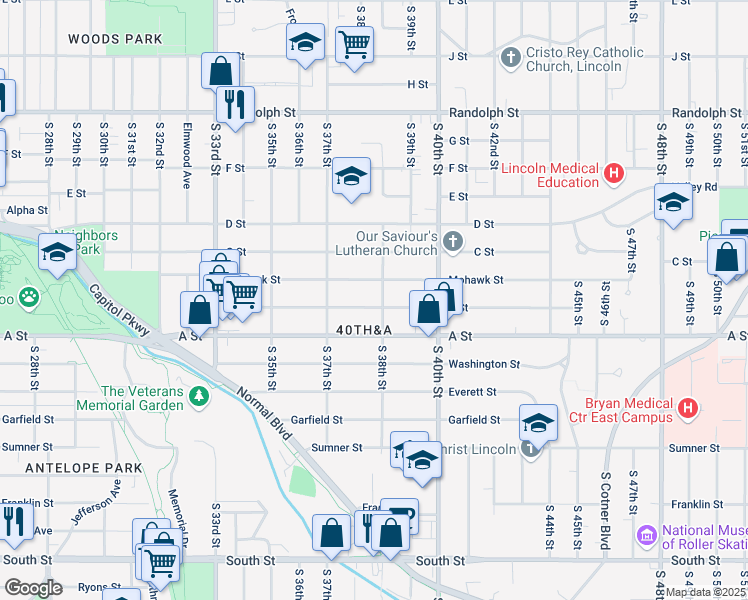 map of restaurants, bars, coffee shops, grocery stores, and more near 3780 B Street in Lincoln
