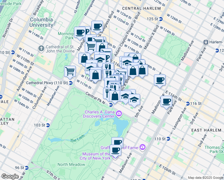 map of restaurants, bars, coffee shops, grocery stores, and more near 46 Saint Nicholas Avenue in New York