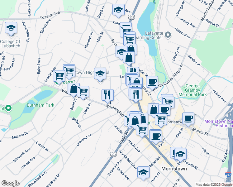 map of restaurants, bars, coffee shops, grocery stores, and more near 12 Clinton Street in Morristown