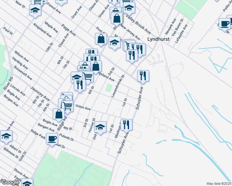 map of restaurants, bars, coffee shops, grocery stores, and more near 628 Lewandowski Street in Lyndhurst
