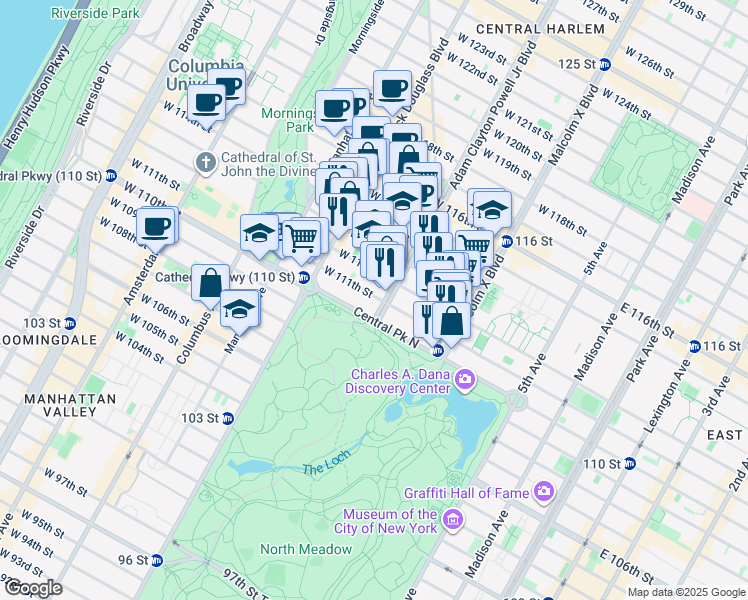 map of restaurants, bars, coffee shops, grocery stores, and more near 200 West 111th Street in New York