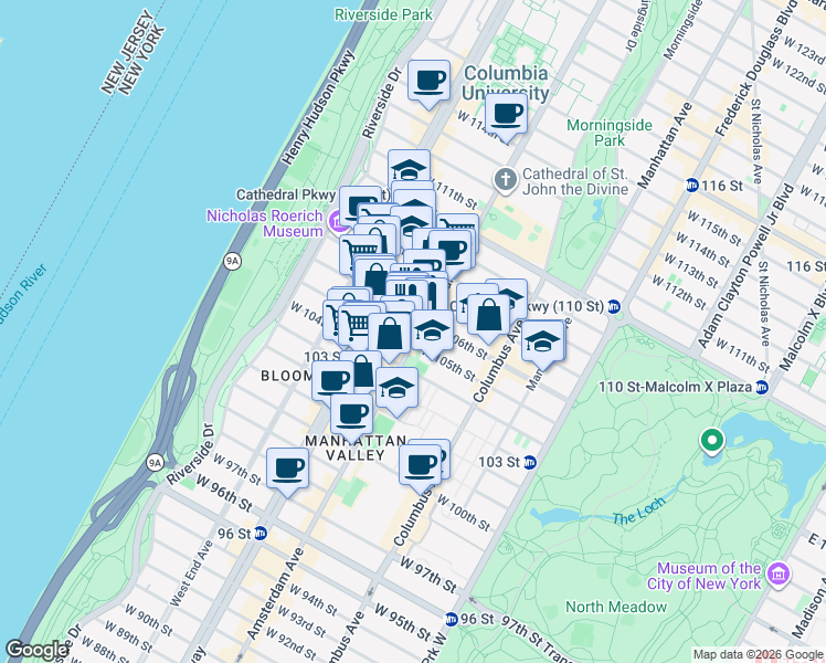 map of restaurants, bars, coffee shops, grocery stores, and more near 201 West 105th Street in New York