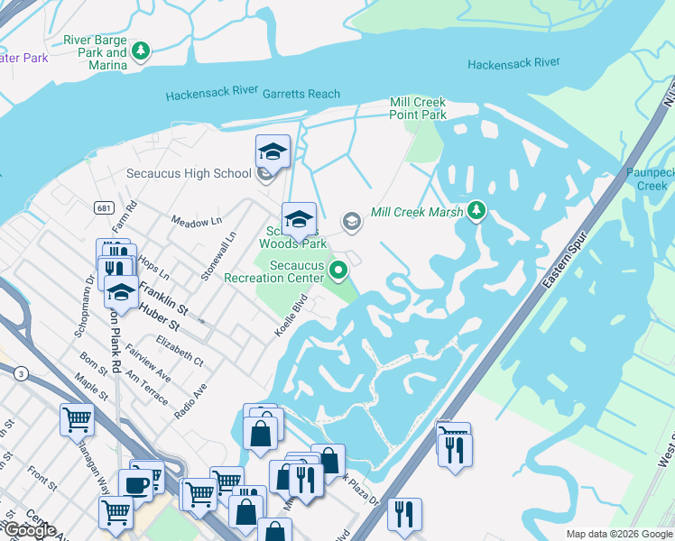 map of restaurants, bars, coffee shops, grocery stores, and more near 1200 Koelle Boulevard in Secaucus
