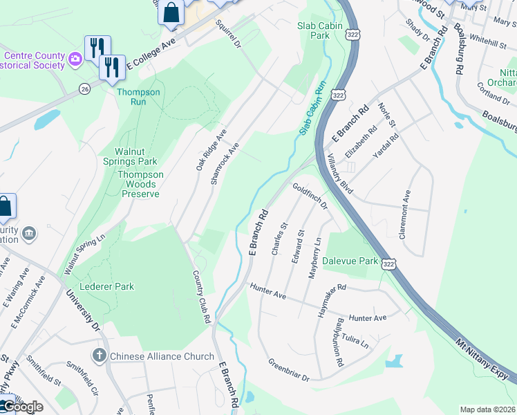 map of restaurants, bars, coffee shops, grocery stores, and more near 1299-1375 E Branch Rd in State College
