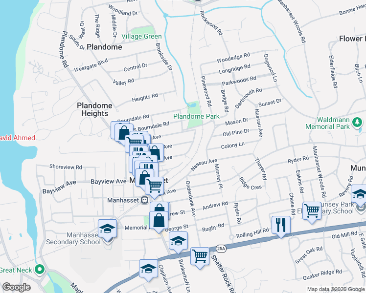 map of restaurants, bars, coffee shops, grocery stores, and more near 120 Vanderbilt Avenue in Manhasset