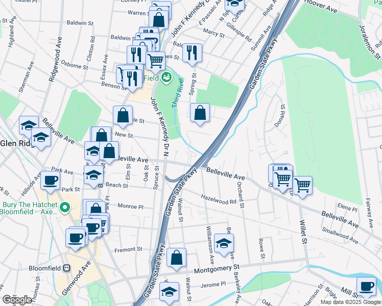 map of restaurants, bars, coffee shops, grocery stores, and more near Memorial Parkway in Bloomfield