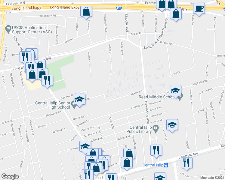 map of restaurants, bars, coffee shops, grocery stores, and more near 232 Feller Drive in Central Islip