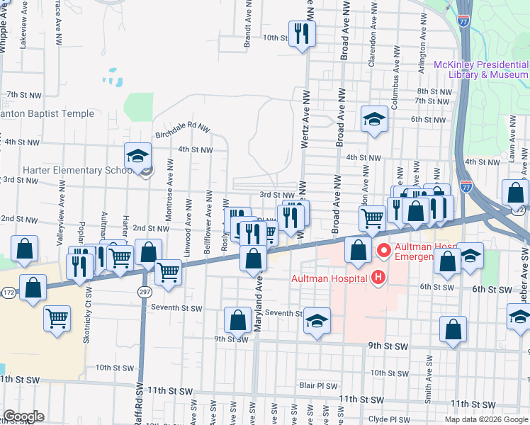 map of restaurants, bars, coffee shops, grocery stores, and more near 151 Fawcett Court Northwest in Canton