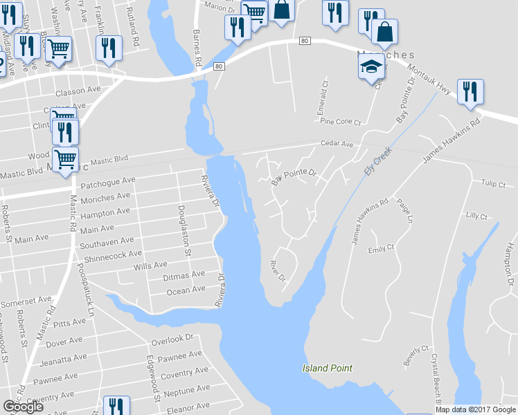 map of restaurants, bars, coffee shops, grocery stores, and more near 358 Seabreeze Ct in Moriches