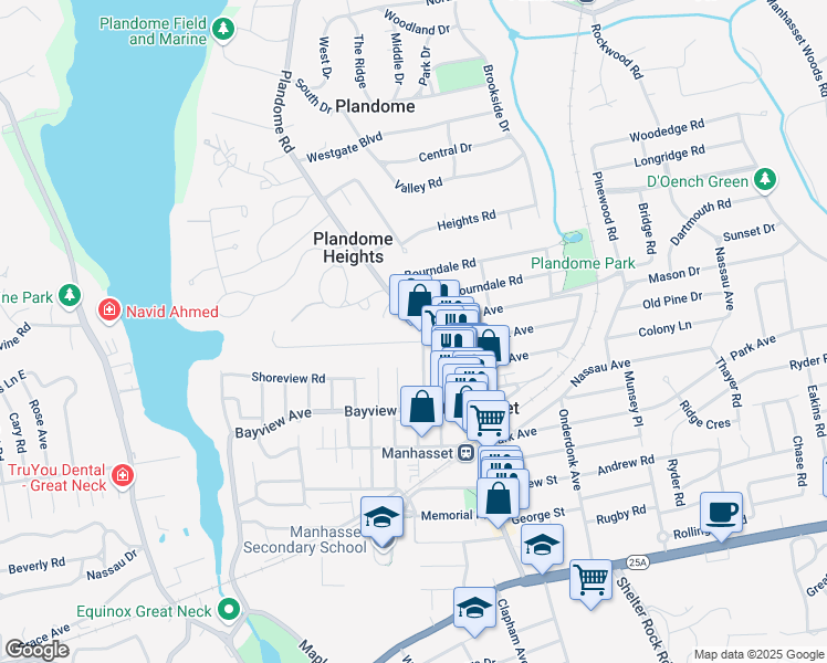 map of restaurants, bars, coffee shops, grocery stores, and more near 37 Colonial Parkway in Manhasset