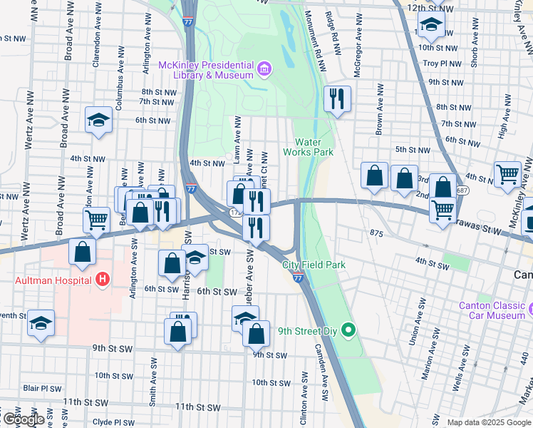 map of restaurants, bars, coffee shops, grocery stores, and more near 1800 Tuscarawas Street West in Canton