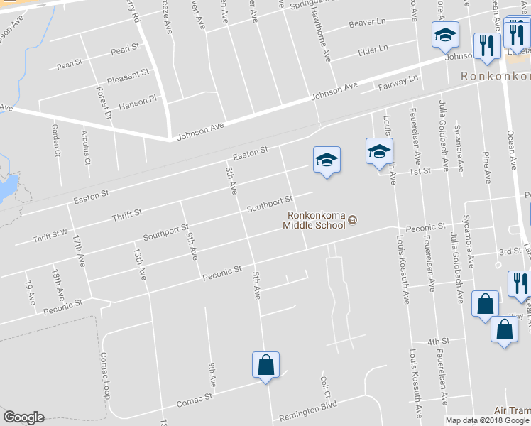 map of restaurants, bars, coffee shops, grocery stores, and more near 464 Southport Street in Ronkonkoma