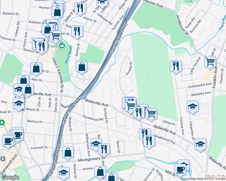 map of restaurants, bars, coffee shops, grocery stores, and more near 57 Woodland Road in Bloomfield