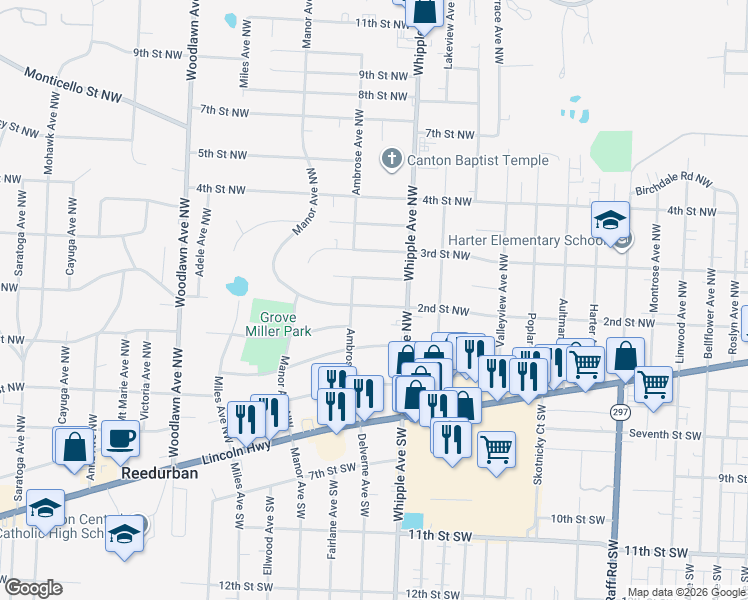 map of restaurants, bars, coffee shops, grocery stores, and more near 4441 2nd Street Northwest in Canton