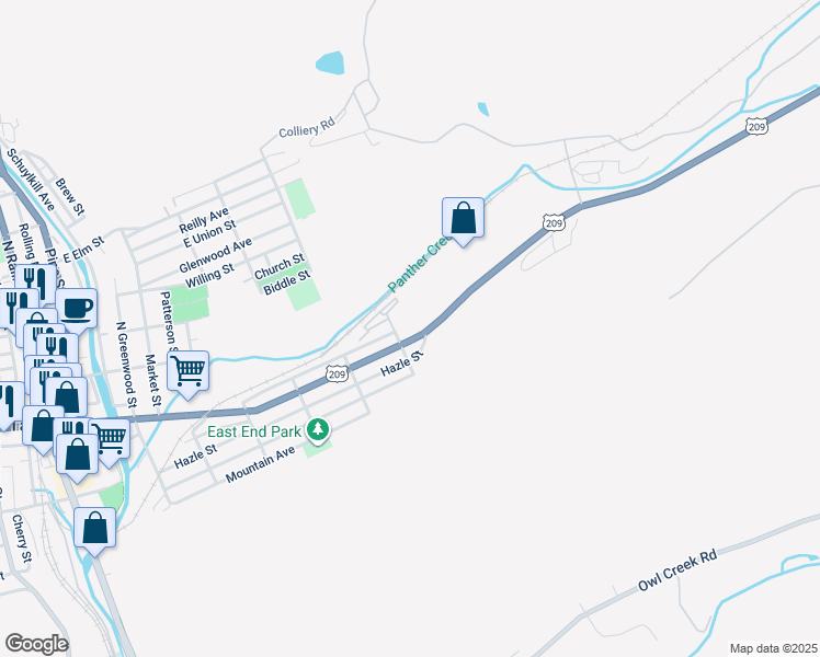 map of restaurants, bars, coffee shops, grocery stores, and more near 801 E Broad St in Tamaqua