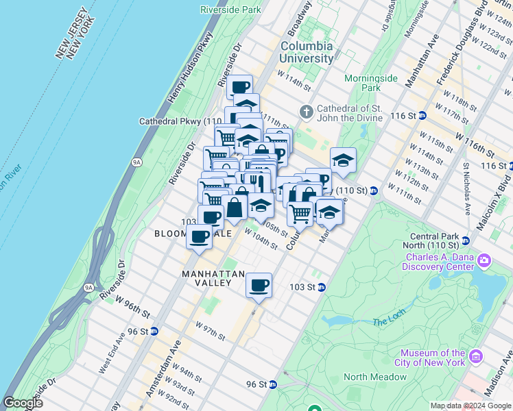 map of restaurants, bars, coffee shops, grocery stores, and more near 931 Amsterdam Avenue in New York
