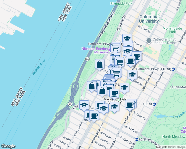 map of restaurants, bars, coffee shops, grocery stores, and more near Riverside Drive in New York
