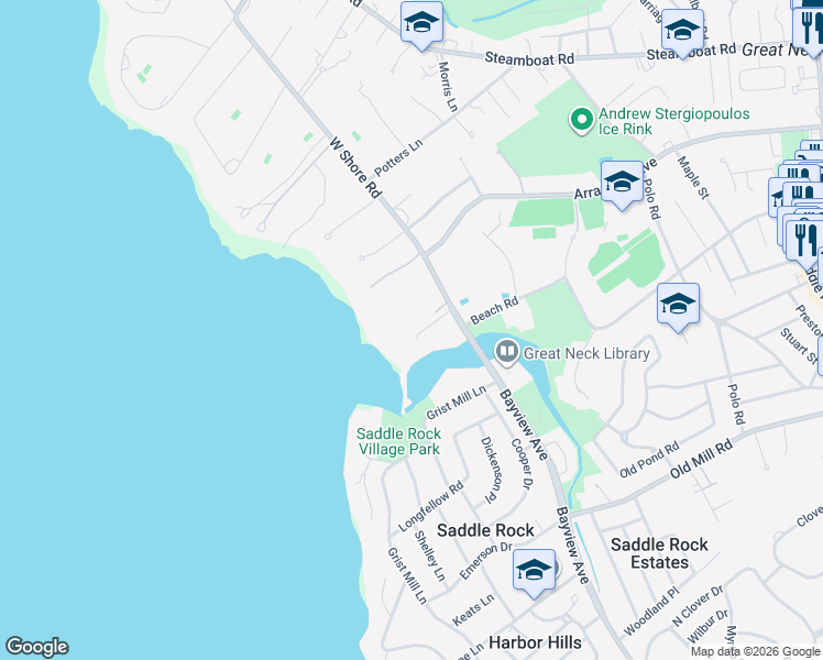 map of restaurants, bars, coffee shops, grocery stores, and more near 150 West Shore Road in Kings Point