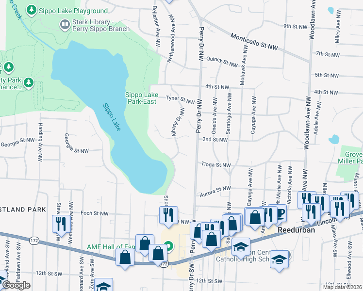 map of restaurants, bars, coffee shops, grocery stores, and more near 178 Albany Drive Northwest in Canton