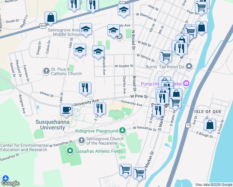 map of restaurants, bars, coffee shops, grocery stores, and more near 21 Susquehanna Avenue in Selinsgrove