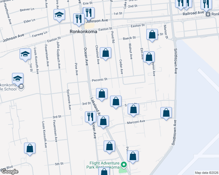 map of restaurants, bars, coffee shops, grocery stores, and more near 2230 Locust Avenue in Ronkonkoma