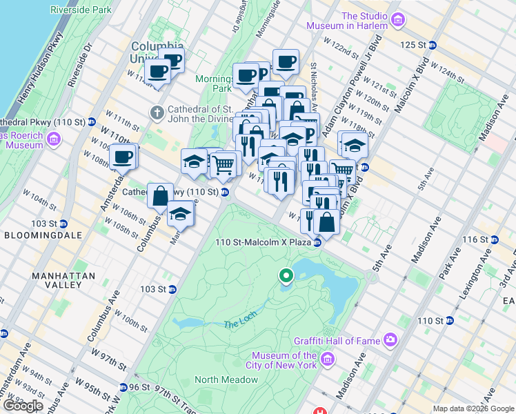 map of restaurants, bars, coffee shops, grocery stores, and more near 217 Central Park North in New York