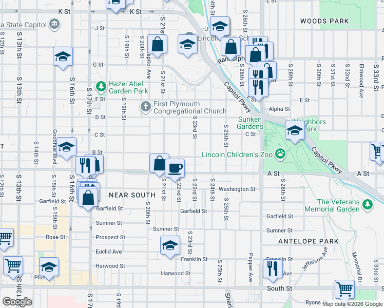 map of restaurants, bars, coffee shops, grocery stores, and more near 2230 B Street in Lincoln
