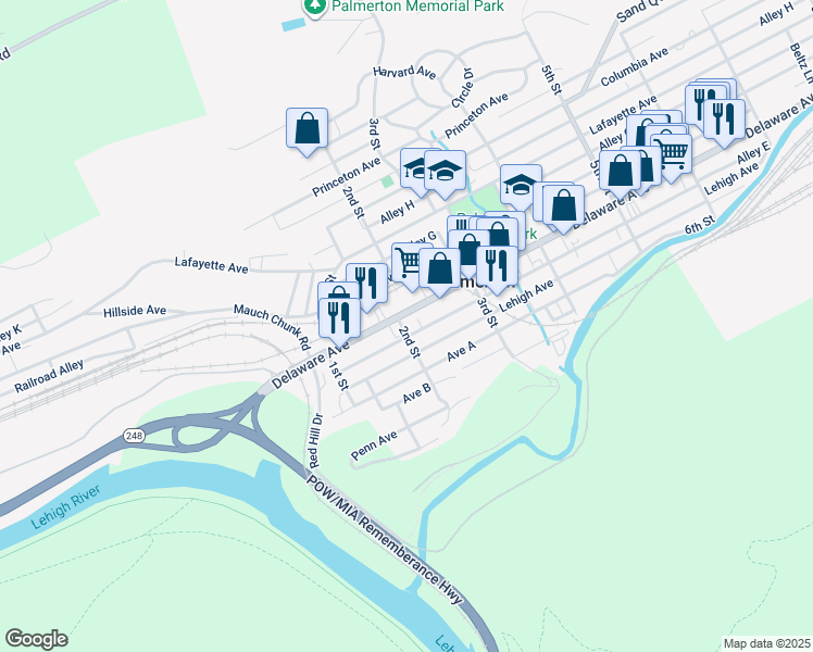 map of restaurants, bars, coffee shops, grocery stores, and more near 202 Delaware Avenue in Palmerton