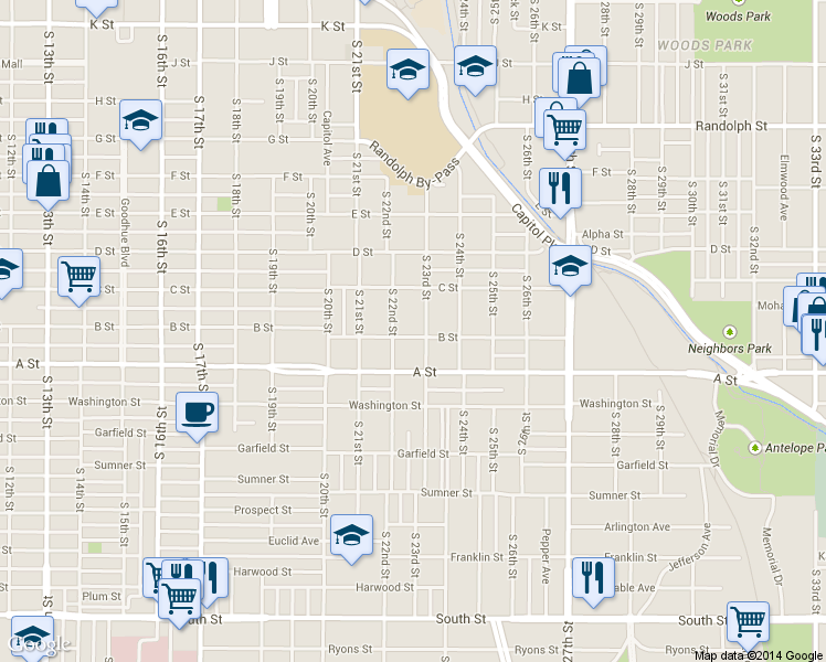 map of restaurants, bars, coffee shops, grocery stores, and more near 2230 B Street in Lincoln