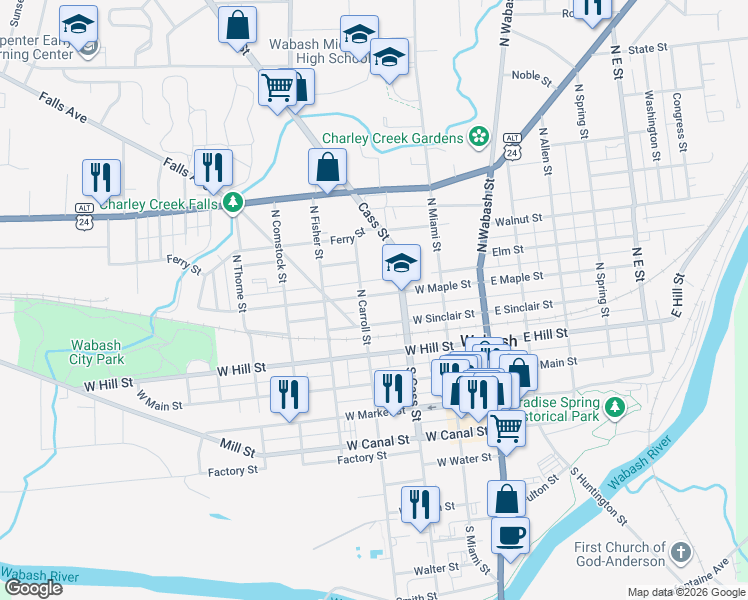 map of restaurants, bars, coffee shops, grocery stores, and more near 273 West Maple Street in Wabash